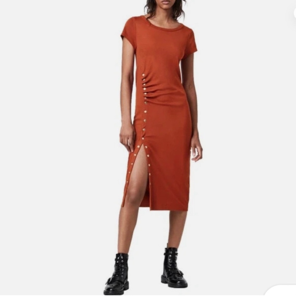 All Saints Rust Midi Dress with Side Buttons